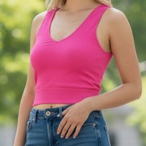 #22 Garage Hot Pink Ribbed V-Neck Tank Top